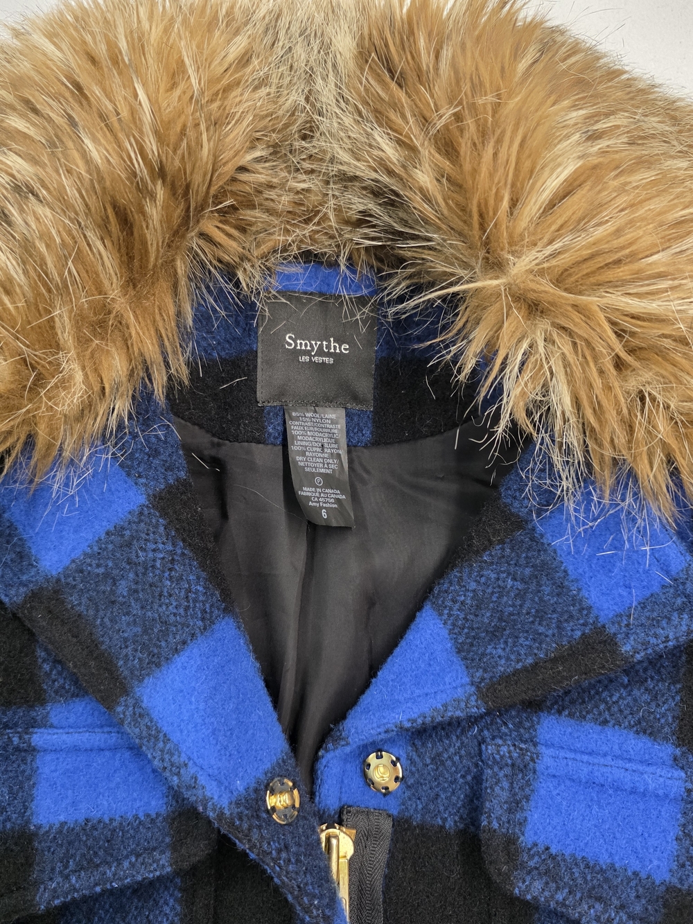 Smythe Wool Black & Electric Blue Buffalo Checks barn jacket with Faux Fur Trim - Picture 11 of 16